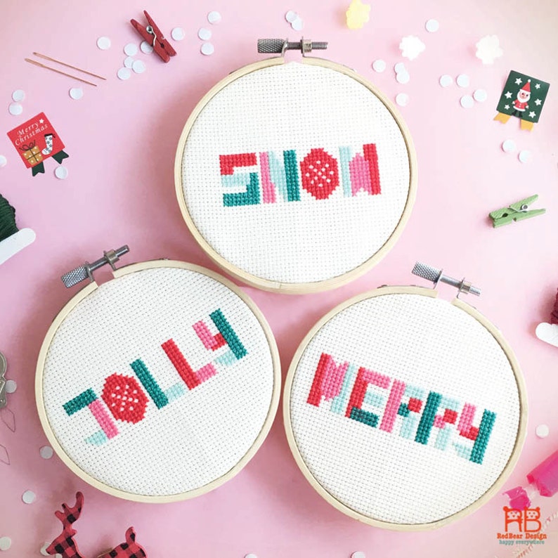 Christmas cross stitch pattern PDF Hand embroidery pattern Embroidery hoop art modern cross stitch patterns Geometric Christmas 6 words SET image 2