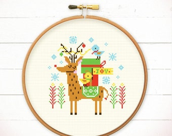 Christmas cross stitch pattern - Merry Christmas Deer n Friends - Modern cross stitch pattern PDF - Instant download