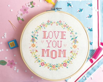 Mom Cross stitch pattern, modern cross stitch, mum cross stitch, counted cross stitch, mother gifts -  Love You MOM / Love You MUM