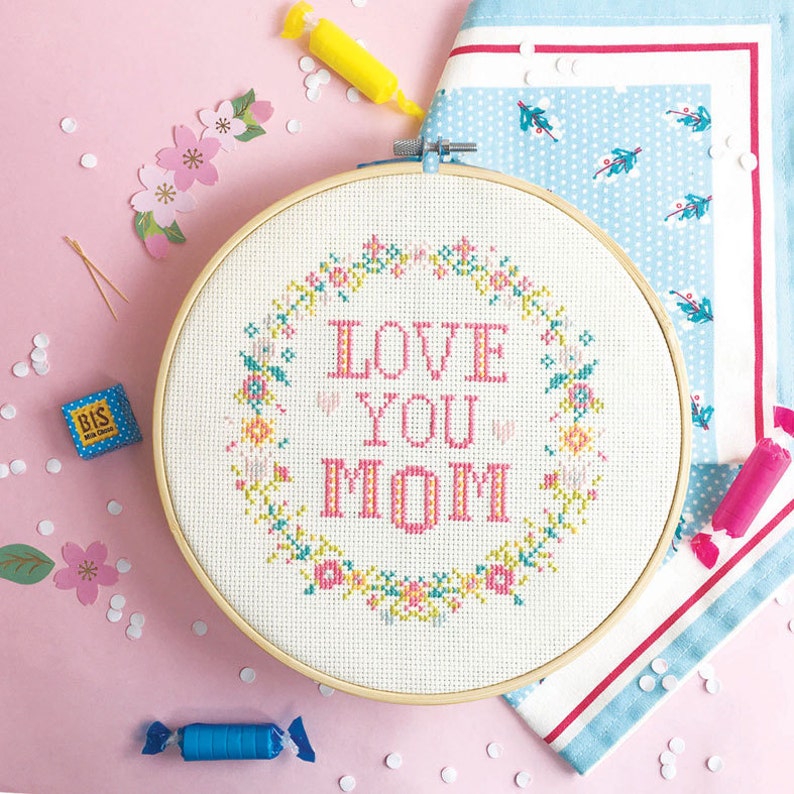 Mom Cross stitch pattern, modern cross stitch, mum cross stitch, counted cross stitch, mother gifts Love You MOM / Love You MUM image 1