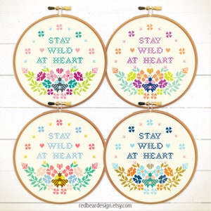 Stay Wild at Heart cross stitch pattern, Quote cross stitch, Flowers embroidery design, Bee cross stitch, Spring cross stitch image 7