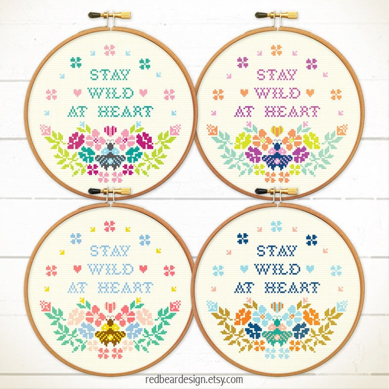 Stay Wild at Heart cross stitch pattern, Quote cross stitch, Flowers embroidery design, Bee cross stitch, Spring cross stitch image 7