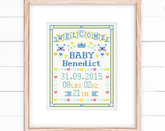 Blue Bear Baby Announcement Cross Stitch Pattern (PDF Download)