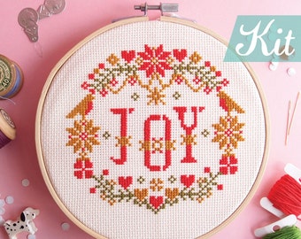 Christmas Cross Stitch KIT, JOY in the X'mas, Modern cross stitch kits, Joy cross stitch Xmas cross stitch easy cross stitch, embroidery kit