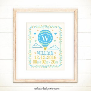 Cross stitch patterns,Baby announcement,Baby cross stitch,Funny cross stitch,Newborn gifts ideas,Baby gifts Hot Air Balloon Baby Record image 2