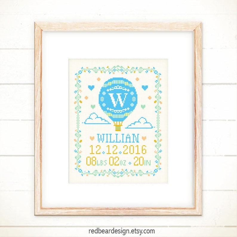 Cross stitch patterns,Baby announcement,Baby cross stitch,Funny cross stitch,Newborn gifts ideas,Baby gifts Hot Air Balloon Baby Record image 2