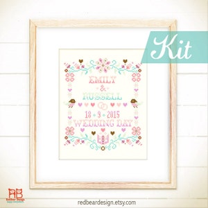 Custom wedding cross stitch Kits, Mr Mrs needlepoint kit, DIY Anniversary gifts  - floral wreath with love birds
