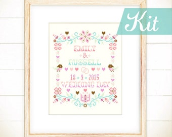 Custom wedding cross stitch Kits, Mr Mrs needlepoint kit, DIY Anniversary gifts  - floral wreath with love birds