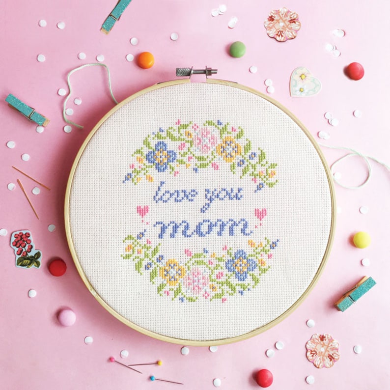 Cross stitch pattern, Gift for mother from daughter, mother cross stitch sampler, spring cross stitch Love You MOM / MUM with flower image 1