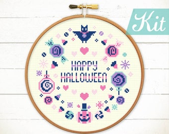 Halloween cross stitch kits. Happy Halloween DIY craft kit. Halloween embroidery design. Halloween needlepoint kit. Adult craft kit