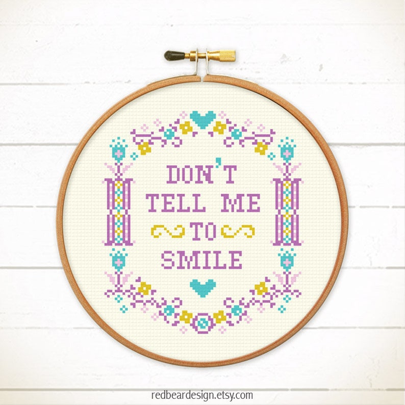 Modern cross stitch pattern. Funny needlepoint pattern. Quote cross stitch. Feminist cross stitch. Don't tell me to smile. Redbeardesign image 6