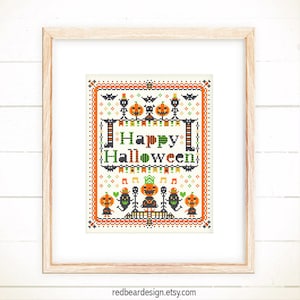 Pumpkins cross stitch patterns Halloween Needlepoint pattern Modern cross stitch Funny Cute Halloween Embroidery patterns Halloween Sampler image 1