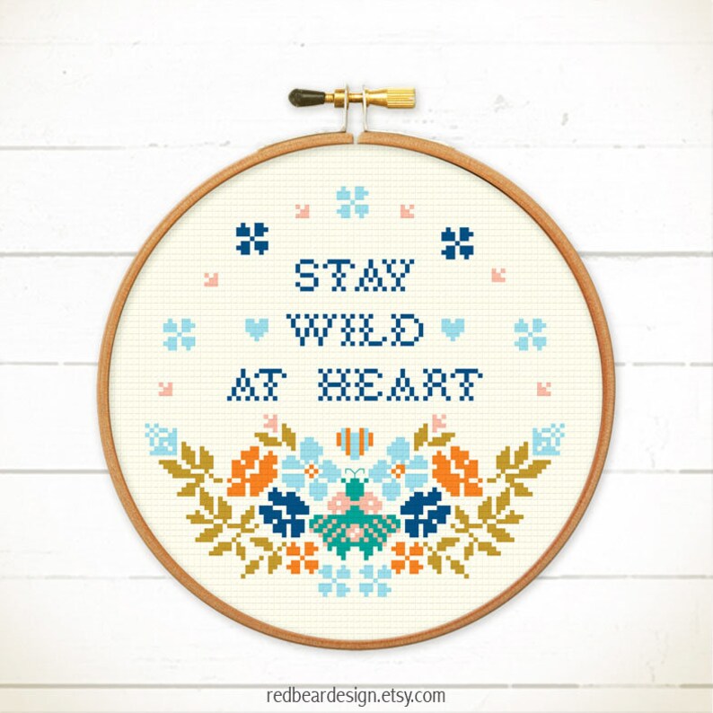 Stay Wild at Heart cross stitch pattern, Quote cross stitch, Flowers embroidery design, Bee cross stitch, Spring cross stitch image 5