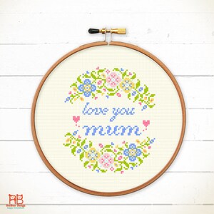 Cross stitch pattern, Gift for mother from daughter, mother cross stitch sampler, spring cross stitch Love You MOM / MUM with flower image 3