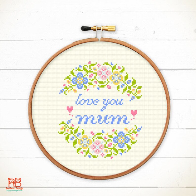 Cross stitch pattern, Gift for mother from daughter, mother cross stitch sampler, spring cross stitch Love You MOM / MUM with flower image 3