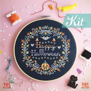 Halloween Cross stitch kits. Halloween wreath craft kit. Modern cross stitch. Pumpkin cross stitch DIY kit. HAPPY Halloween Wreath design image 1