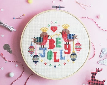 Christmas Cross stitch pattern, Modern cross stitch, Red Robins Embroidery Design, Joy point de croix, Beginner cross stitch - Be Jolly