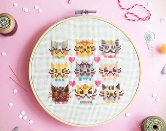 Cats Cross stitch pattern, I Love Cats, modern cats embroidery design by Red bear design