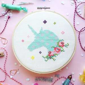Modern cross stitch, Unicorn with Floral cross stitch pattern by Red bear design image 1