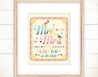 Wedding cross stitch pattern, Modern cross stitch, Custom cross stitch, Wedding gift ideas, Wedding Announcement- Mr and Mrs with Love Birds