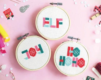 Christmas cross stitch pattern PDF Hand embroidery pattern Embroidery hoop art modern cross stitch patterns Geometric Christmas 6 words SET