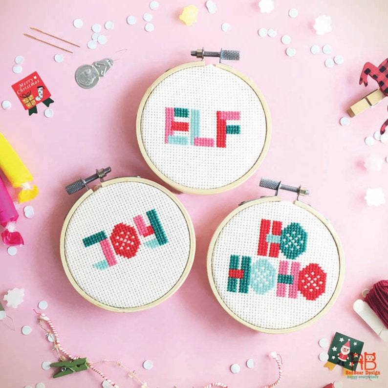 Christmas cross stitch pattern PDF Hand embroidery pattern Embroidery hoop art modern cross stitch patterns Geometric Christmas 6 words SET image 1