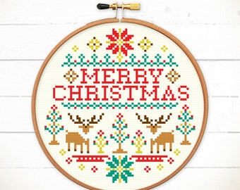 Merry Christmas cross stitch pattern PDF, Christmas embroidery designs, Christmas Deers cross stitch pattern - Christmas with Twin Deer