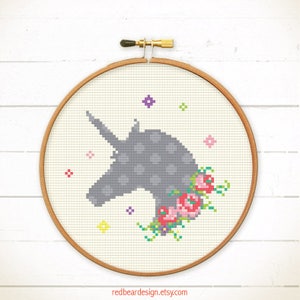 Modern cross stitch, Unicorn with Floral cross stitch pattern by Red bear design image 4