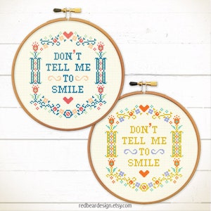 Modern cross stitch pattern. Funny needlepoint pattern. Quote cross stitch. Feminist cross stitch. Don't tell me to smile. Redbeardesign imagem 8