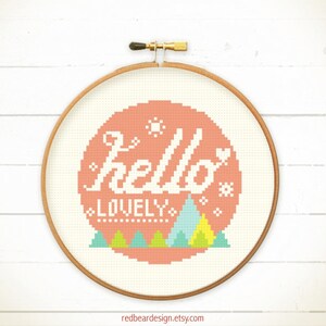 Quote Cross stitch pattern , Modern embroidery pattern PDF , geometric cross stitch Hello Lovely image 2