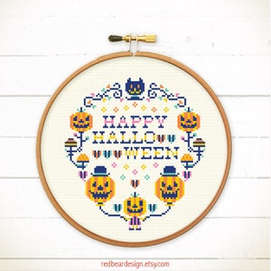 Halloween cross stitch pattern Modern cross stitch sampler Pumpkin cross stitch chart Funny cross stitch Spooky fun Funny Happy Halloween image 4