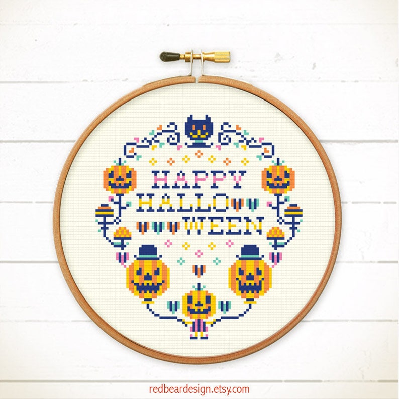 Halloween cross stitch pattern Modern cross stitch sampler Pumpkin cross stitch chart Funny cross stitch Spooky fun Funny Happy Halloween image 4