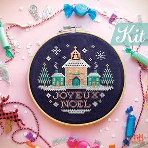 Christmas cross stitch kit. Beginner Christmas craft kit. Joyeul Noel Cross stitch. Christmas House cross stitch. Christmas DIY kit. image 1