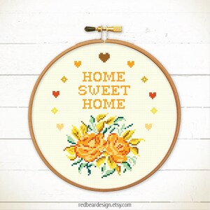 Home sweet home cross stitch pattern. Modern cross stitch chart. Funny cross stitch. Flowers cross stitch. Roses crossstitch. point de croix image 1