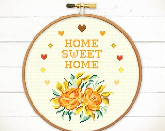 Home sweet home cross stitch pattern. Modern cross stitch chart. Funny cross stitch. Flowers cross stitch. Roses crossstitch. point de croix