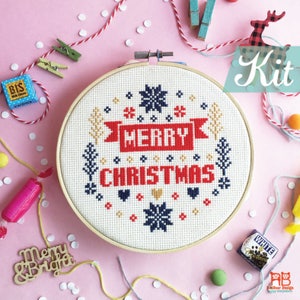 Christmas Cross Stitch kit Merry Merry Christmas personalized gift, hand embroidery kit, Beginner needlepoint kit, easy Christmas DIY image 1