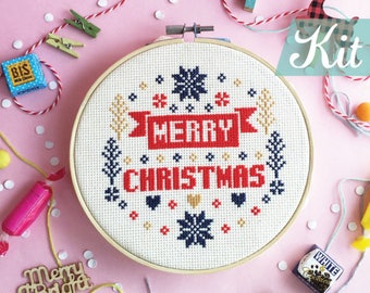 Christmas Cross Stitch kit - Merry Merry Christmas personalized gift, hand embroidery kit, Beginner needlepoint kit, easy Christmas DIY