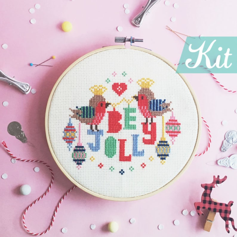 Christmas Cross Stitch Kits. Christmas craft kit. Beginner Christmas kit. Be Jolly cross stitch. Christmas DIY kit. Christmas needlepoint image 1