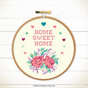 Home sweet home cross stitch pattern. Modern cross stitch chart. Funny cross stitch. Flowers cross stitch. Roses crossstitch. point de croix image 4