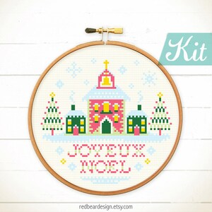 Christmas cross stitch kit. Beginner Christmas craft kit. Joyeul Noel Cross stitch. Christmas House cross stitch. Christmas DIY kit. image 5