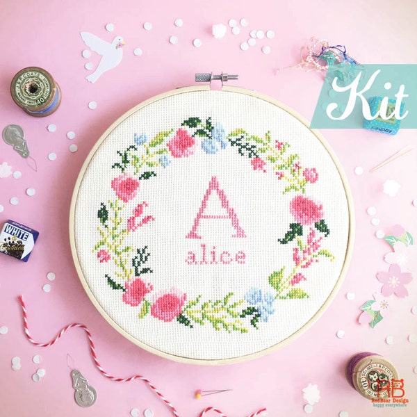 Custom cross stitch kit, baby cross stitch kit,  floral wreath with alphabet initial embroidery design, flowers needlepoint kit by Redbear