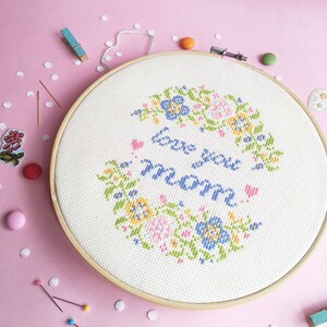 Cross stitch pattern, Gift for mother from daughter, mother cross stitch sampler, spring cross stitch Love You MOM / MUM with flower image 2