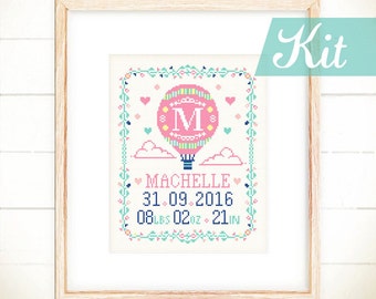 Personalized baby cross stitch KIT. Custom Baby Announcement. Baby record cross stitch. Newborn gift for baby. Hot Air Balloon Baby Record