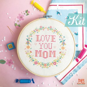 Mom cross stitch kit. Mothers day Beauty gift. Mum cross stitch. Florals wreath cross stitch. Mommy needlepoint kit. Craft kit for adult image 1