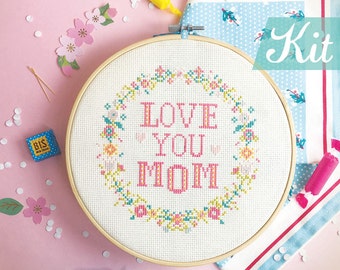 Mom cross stitch kit. Mothers day Beauty gift. Mum cross stitch. Florals wreath cross stitch. Mommy needlepoint kit. Craft kit for adult