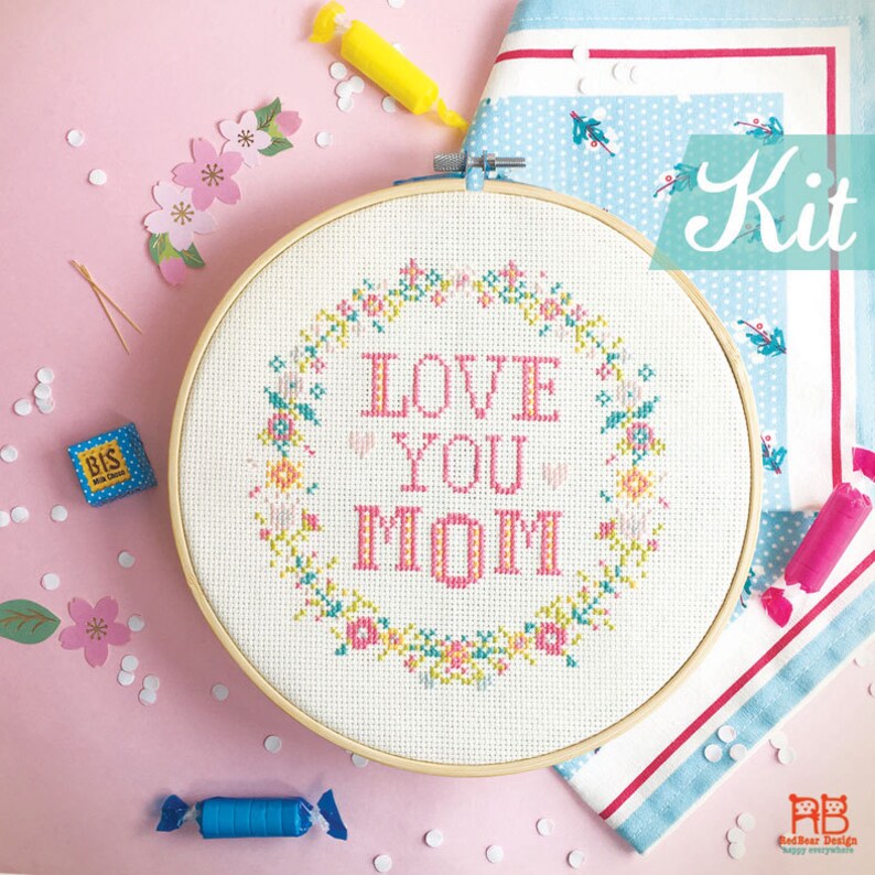 Mom cross stitch kit. Mothers day Beauty gift. Mum cross stitch. Florals wreath cross stitch. Mommy needlepoint kit. Craft kit for adult image 1