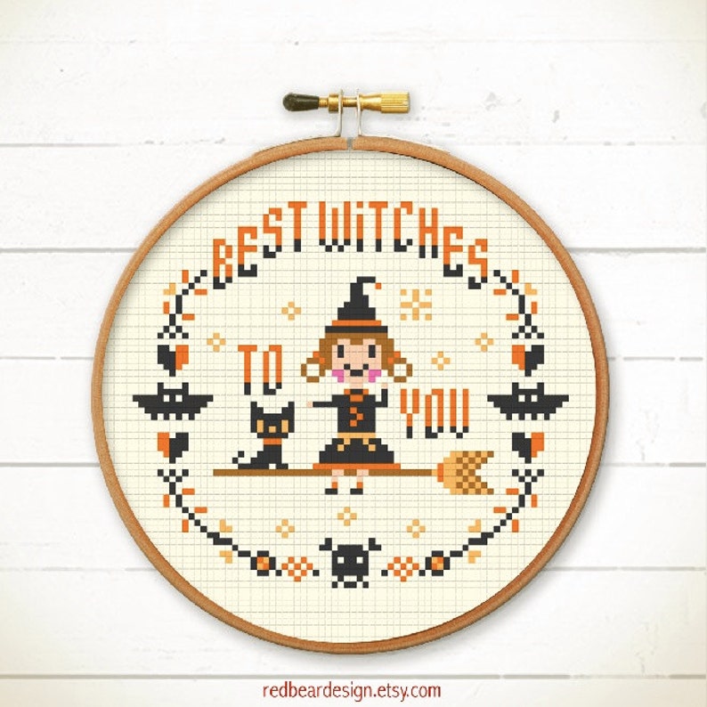 Halloween cross stitch patterns Witches cross stitch Halloween embroidery pattern Counted Cross stitch Needlepoint Best Witches To You image 3