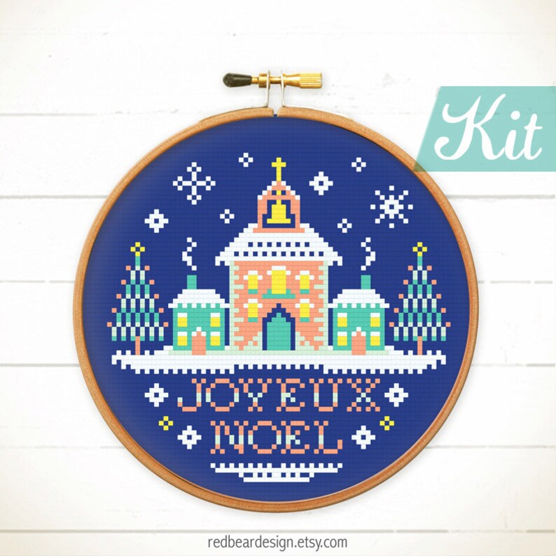 Christmas cross stitch kit. Beginner Christmas craft kit. Joyeul Noel Cross stitch. Christmas House cross stitch. Christmas DIY kit. image 3