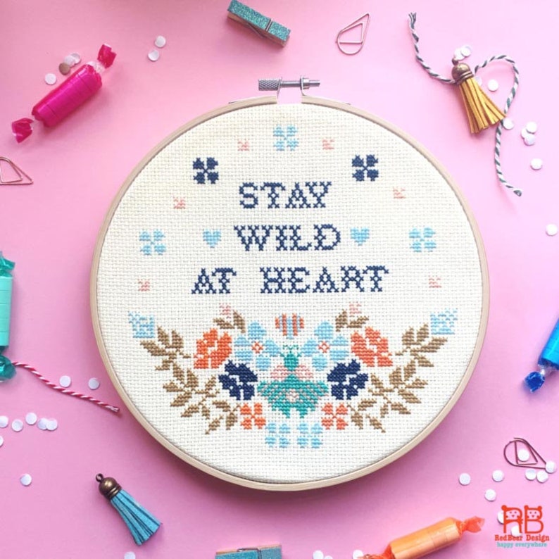 Stay Wild at Heart cross stitch pattern, Quote cross stitch, Flowers embroidery design, Bee cross stitch, Spring cross stitch image 1
