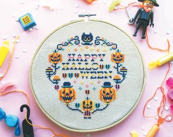 Halloween cross stitch pattern Modern cross stitch sampler Pumpkin cross stitch chart Funny cross stitch Spooky fun - Funny Happy Halloween